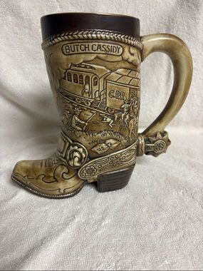 Butch Cassidy Western Boot Stein Mug - Tan Ceramic Decor